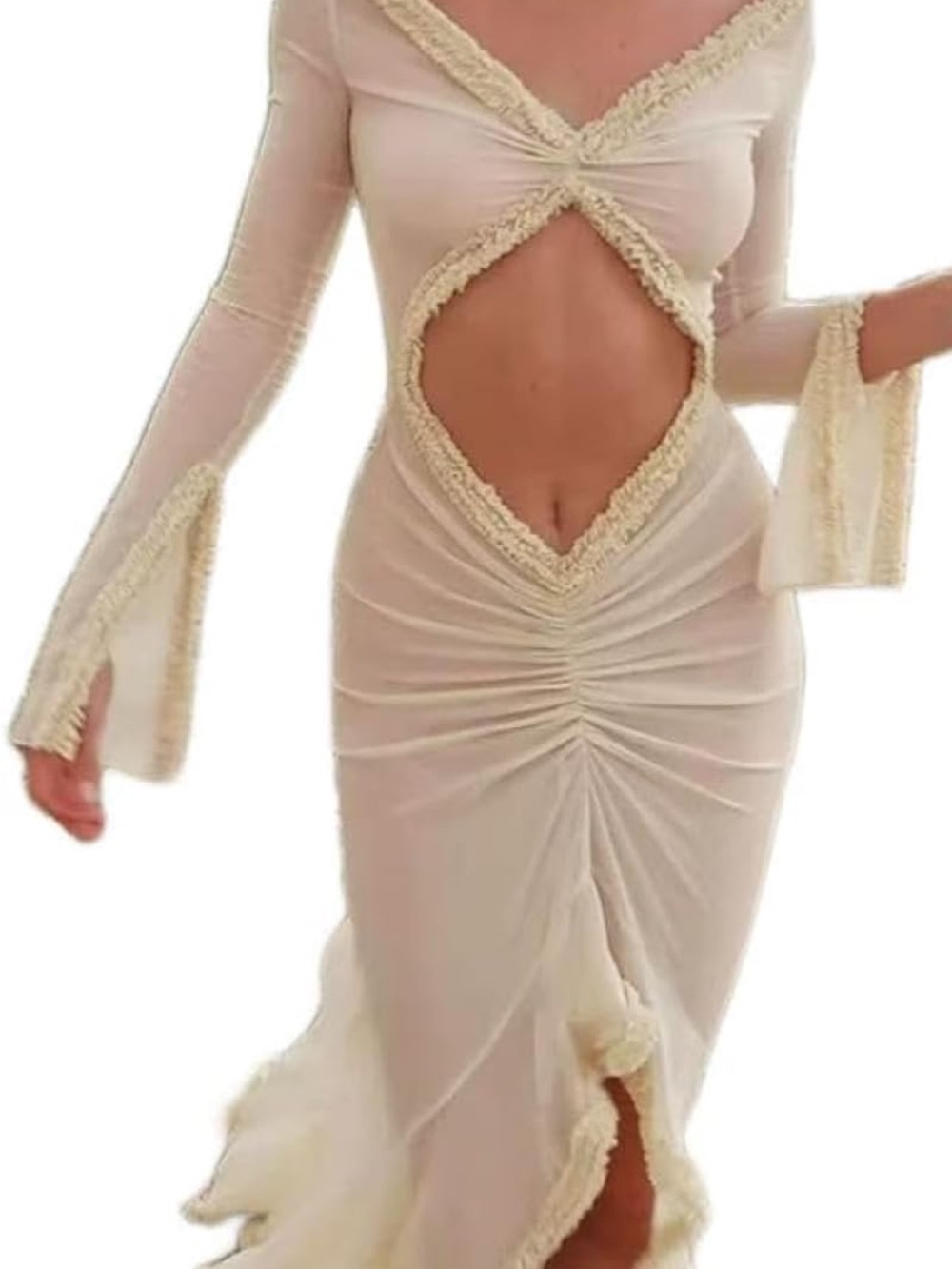 Long Sleeve Cream Cutout Ruched Midi Dress with Lace Trim